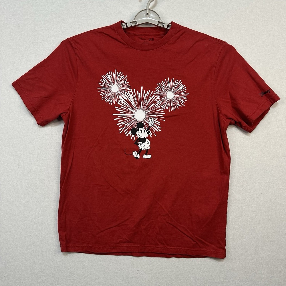 Disney X AE Men's Large Red Mickey‎ Mouse Firework Graphic Short Sleeve T-Shirt